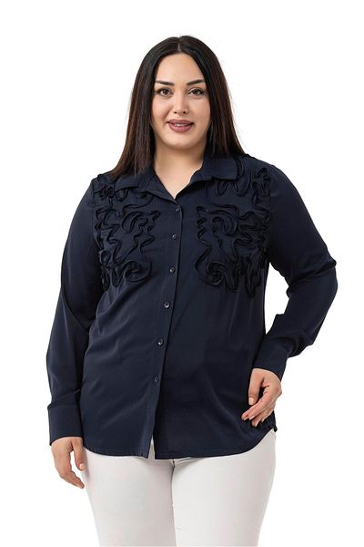 DISENTIS MODEST Large Size Navy Blue Shirt with Embossed Fabric Detail