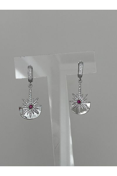 JELLY Women's Steel Silver Color Red Stone Star Patterned Designer Dangle Earrings