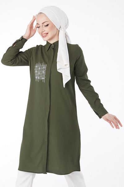 TOFİSA Pocket Embroidery Detailed Tunic Khaki - 13123
