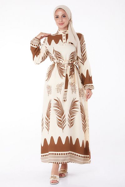 TOFİSA Juicy Patterned Patched Dress Brown - 13270
