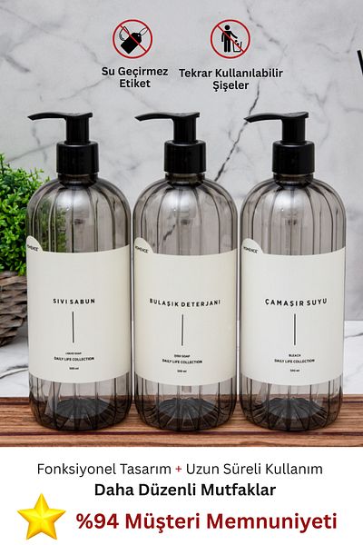 homence Liquid Soap Dishwashing Detergent Bleach Sticker Plastic Bottle Kitchen Set of 3 Smoked Soap Dispenser 500ml