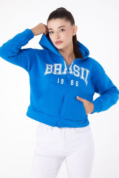 TOFİSA Zippered Crop Sweatshirt Blue - 26278