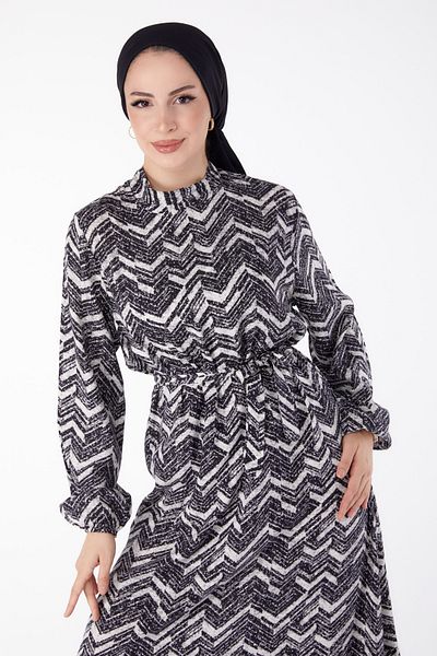 TOFİSA Belted Patterned Dress White - 25464