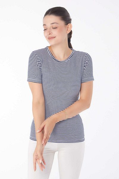 TOFİSA Striped Short Sleeve T-Shirt Navy Blue - 25763