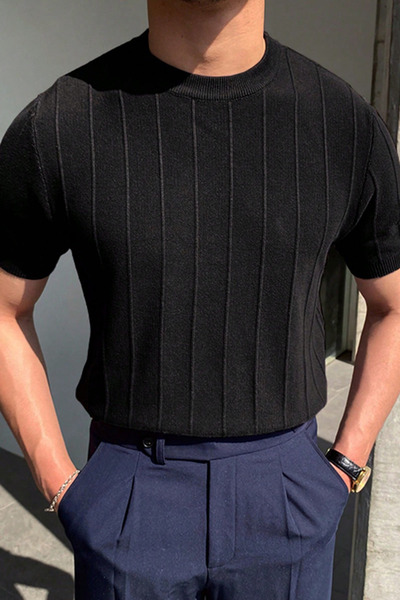 COOL TARZ Μαύρο ανδρικό πλεκτό μπλουζάκι με στρογγυλό γιακά