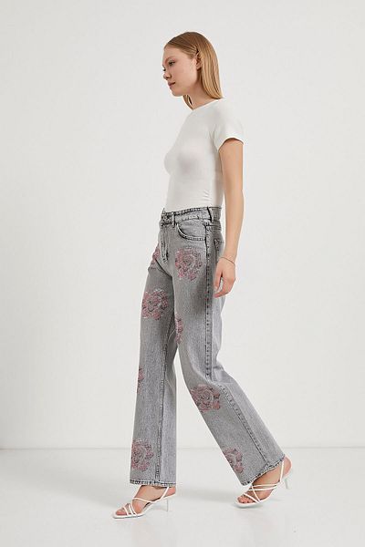 Arma Life Women's Floral Patterned Stoned Smoked Baggy Jeans