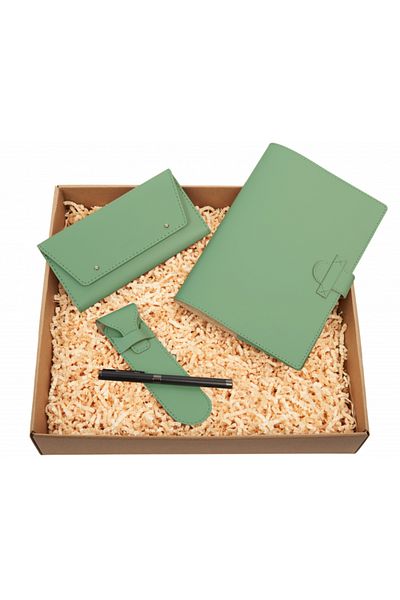 Natural Set with Agenda, Pen and Wallet, Green, Recycled Natural Leather