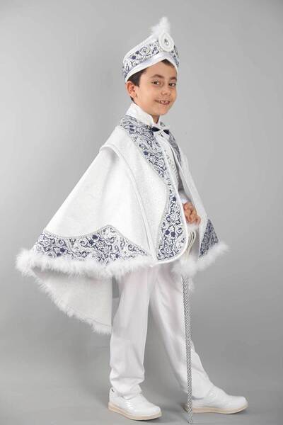 Osmanlı Sünnet Kıyafetleri İnci Beyaz Lacivert Pelerin Sünnet Takımı