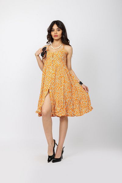 Stil Sepeti Women Orange White Floral Patterned Strap Buttoned Slit Detail Mini Dress Tll-1000546120