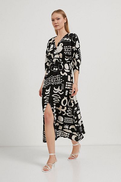 Arma Life Armalife 9818 Bat Sleeve Double Breasted Collar Patterned Viscosa Women Dress