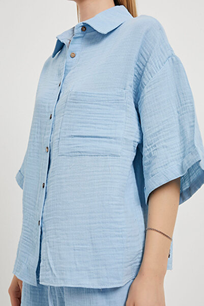 Arma Life Women's Oversize Shirt Elasticated Mini Shorts Blue Muslin Bottom Top Set