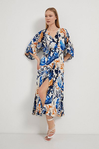 Arma Life Armalife 9818 Bat Sleeve Double Breasted Collar Patterned Viscosa Women Dress