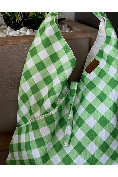 LUNAFEL Geantă tote din țesătură Gingham verde - geantă de mână și geantă de umăr pentru femei