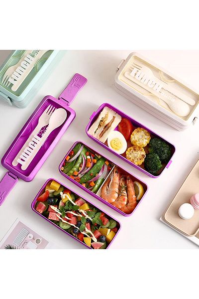 DELPI 3 in 1 Lunch Box Set, 2 Cutlery, Plastic, 3 Compartments, 1000 ml, Pink