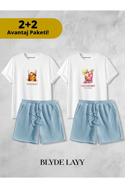 BLYDE LAYY Whiskey-Coctail Printed Unisex 2-Piece Lover Couple Combination (2 Shorts - 2 T-Shirt Set Advantage Package)