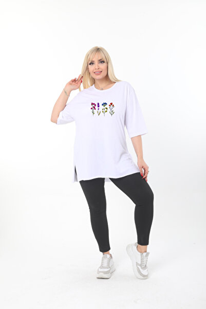 Ciao Çiçek baskılı beyaz pamuk oversize tişört