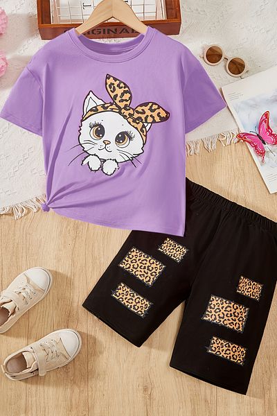 MYADA Premium Bandana Cat Printed Girl's Shorts Top and Bottom Set 24037