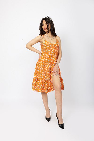 Stil Sepeti Women Orange Floral Patterned Strap Buttoned Slit Detail Mini Dress Tll-1000546120
