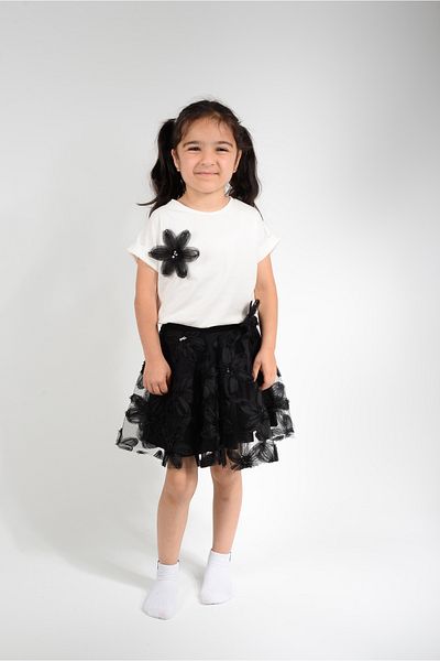 KİDSPİTİRCİK Girl's Black Flowery Tulle Skirt Suit (100% Cotton)