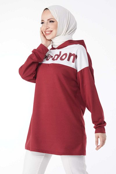TOFİSA Printed Hooded Sweatshirt Claret Red - 13134