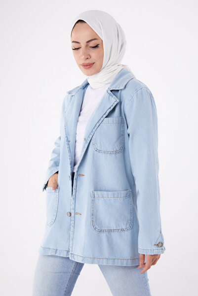 TOFİSA Double Breasted Denim Jacket Ice Blue Snow - 24049