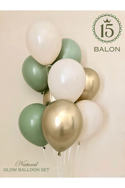 Mielibon Set of 15 Natural Sparkle Balloons |   Eucalyptus, Sand White and Chrome Gold Colors |   12 Inches