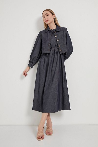 Arma Life Rochie de damă cu vestă largi cu mâneci lungi, fustă evazată bleumarin