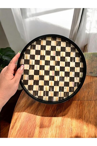 unique florya Checkered Round Tray 28cm Presentation Decorative Home Tableware Kitchen Tea Coffee Tray