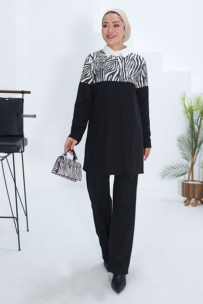 TOFİSA Leopard Garnished Double Suit Black - 13210
