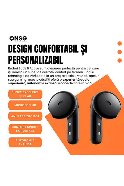 Xiaomi Căști Bluetooth Buds 6 Active In-ear, bas puternic, durată extinsă de viață a bateriei, negru