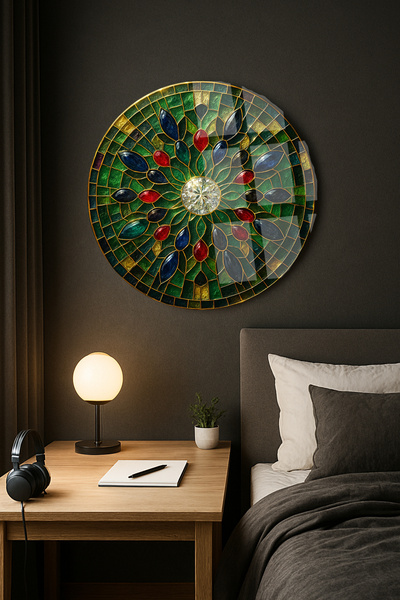 TAULART VİTRAY TEMALI ZÜMRÜT TAŞLI KIRILMAZ LÜKS CAM TABO EV İŞ YERİ OFİS HED...