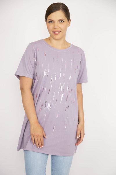 Şans Women's Plus Size Lilac Sequin and Stone Embroidered Crew Neck Blouse 65n36705