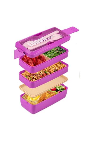 DELPI 3 in 1 Lunch Box Set, 2 Cutlery, Plastic, 3 Compartments, 1000 ml, Pink
