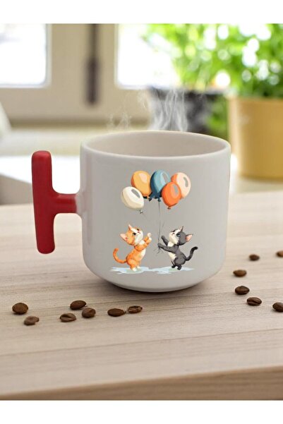 lili hediyelik Birds Printed 3-Piece Red Handled Mug Cup Gift Ceramic Mug