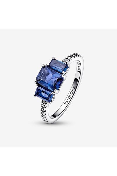 Pandora Inel stralucitor Pandora Argint 925 cu trei pietre dreptunghiulare albastre – 54mm
