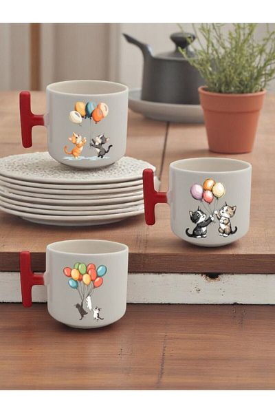 lili hediyelik 3-Piece Red Ceramic Mug with Balloons and Cat Printed Gift with Red Handles