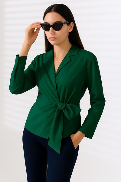 ribana Satin Double Breasted Collar Side Tie Shirt Blouse