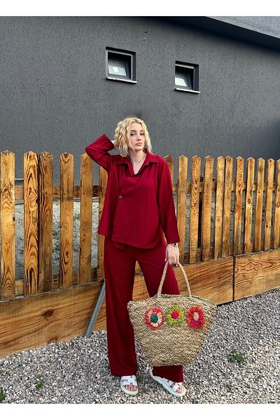 FİOXCO Avenza Strawberry Fabric Summer Bottom Top Double Claret Red Set