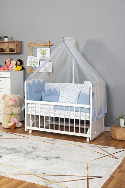 Bamgidoo Ahşap Bebek Beşik Yeni Doğan Anne Yanı Beşik Beyaz 60x120 Mavi Prens...