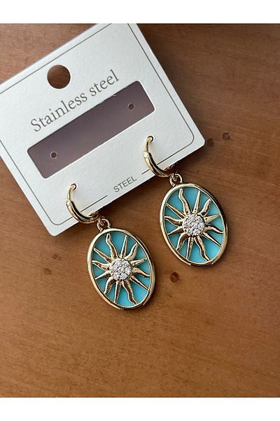 JELLY Women's Steel Gold Color Zircon Stone Turquoise Oval Model Sun Motif Vintage Earrings