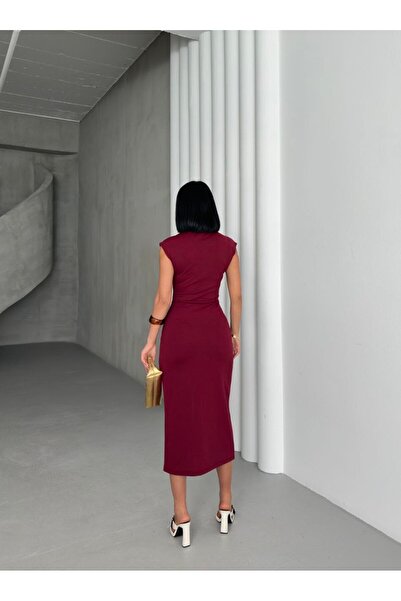 Cistern İstanbul Γυναικείο μπορντό χρυσό φόρεμα με κορδόνι με λεπτομέρεια μολύβι