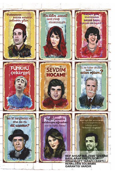 bin ler ce tablo 9 Parça Karışık Yazılı Ahşap Tablo Seti yeşilçam türk sinema...