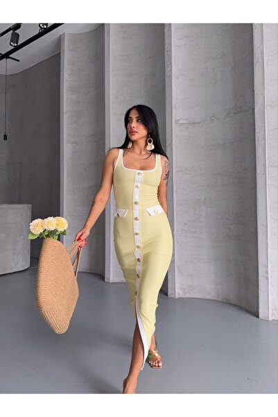 Cistern İstanbul Γυναικείο κίτρινο λευκό ριγέ φόρεμα με χρυσό κουμπί