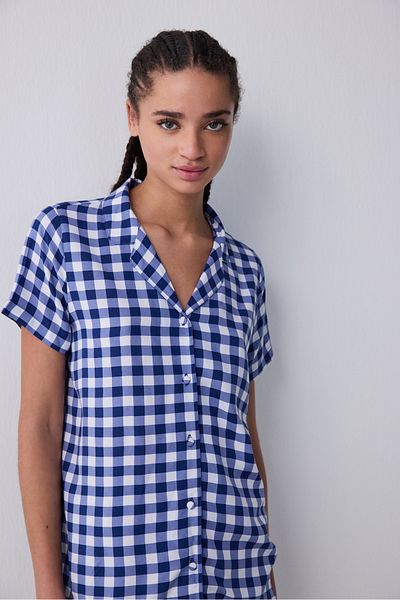 Penti Blue Gignham Shirt Shorts Navy Blue Pajama Set