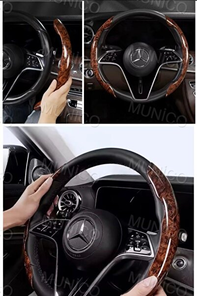 Munico Fiber Silikon Ahşap Görünümlü Araba Direksiyon Kılıfı Özel Kaymaz Güçlendirici Kapak Oto Aksesuarı