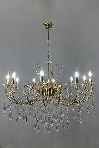 Avize çarşısı Ramada Fiskiyeli 10 Kollu Kristal Taşlı Limon Sarı Avize