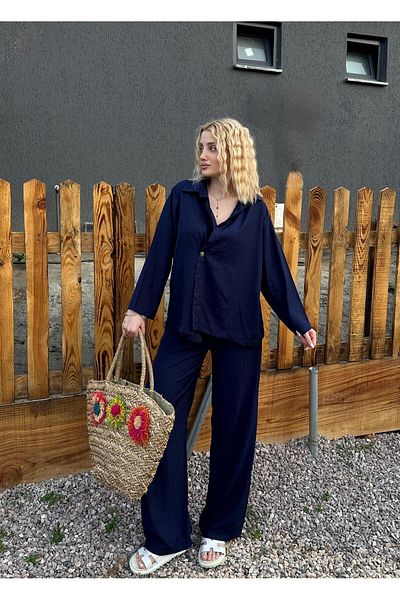 FİOXCO Avenza Strawberry Fabric Summer Bottom Top Double Navy Blue Set