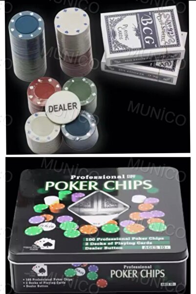 Munico 100’lü Poker Çip Seti – 2 Deste Kart, Dealer Butonu ve Metal Kutulu Ta...
