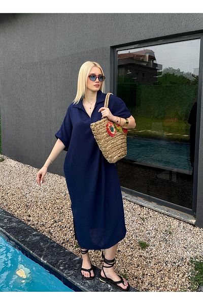 FİOXCO Navy Blue Polo Collar Bohemian Raw Linen Dress - Side Slit