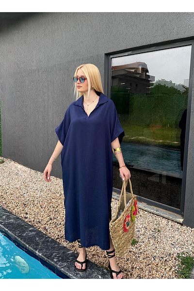 FİOXCO Navy Blue Polo Collar Bohemian Raw Linen Dress - Side Slit